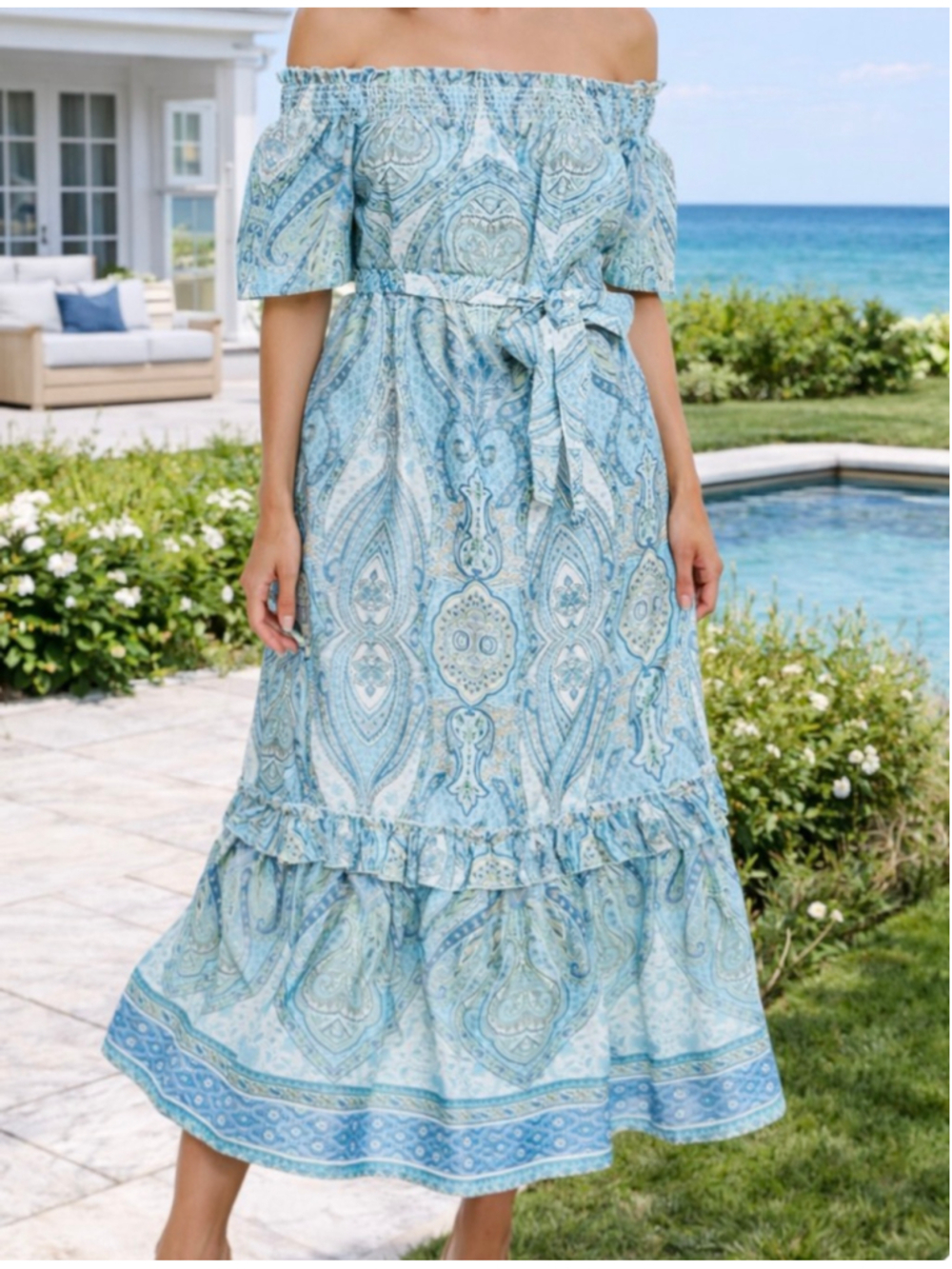 NWT Tyler Boe Blue White Paisley Off-Shoulder Erin Maxi Dress S